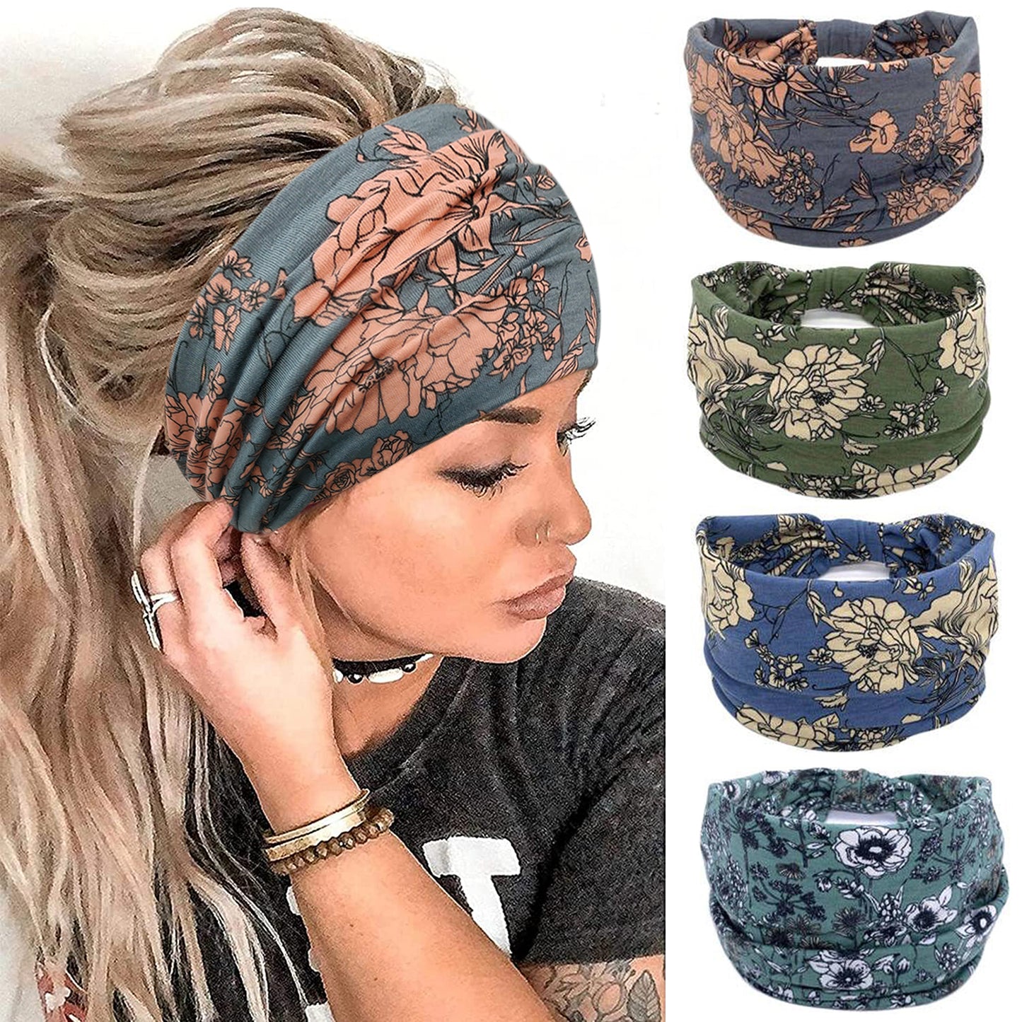 YONUF Wide Boho Headbands for Women Fashion Knotted Headband Yoga Workout African Head Wrap 4 Pack