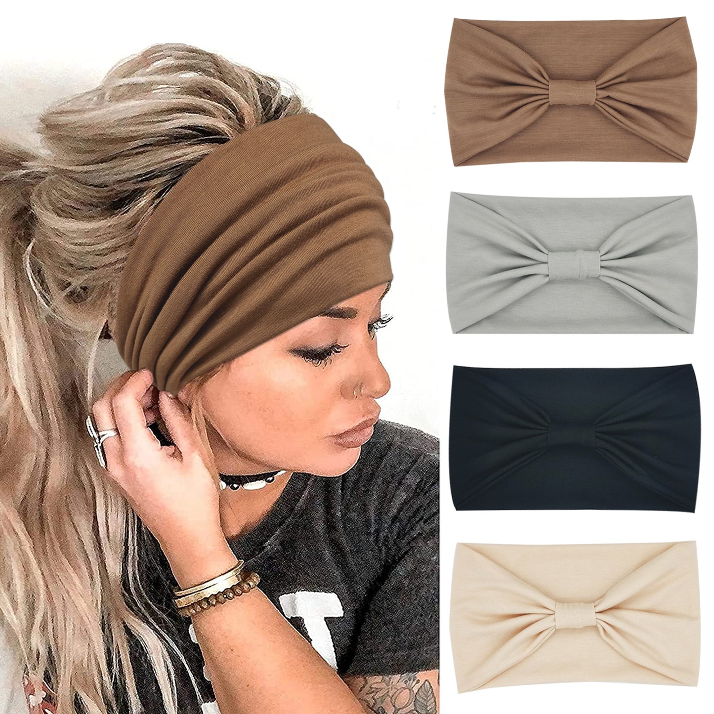 YONUF Wide Headbands for Women Fashion Knotted Headband Yoga Workout Head Wrap 4 Pack