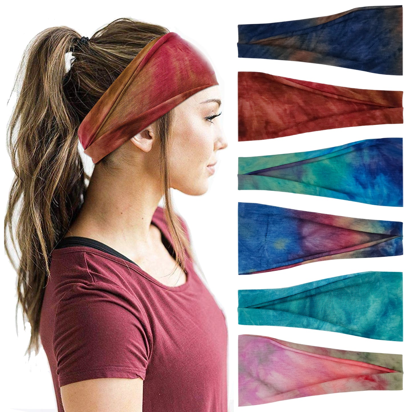 YONUF Headbands For Women Workout Wide Headband Yoga Head Bands For Women's Hair Accessories Girls Fashion Band Tie Dye 6 Pack