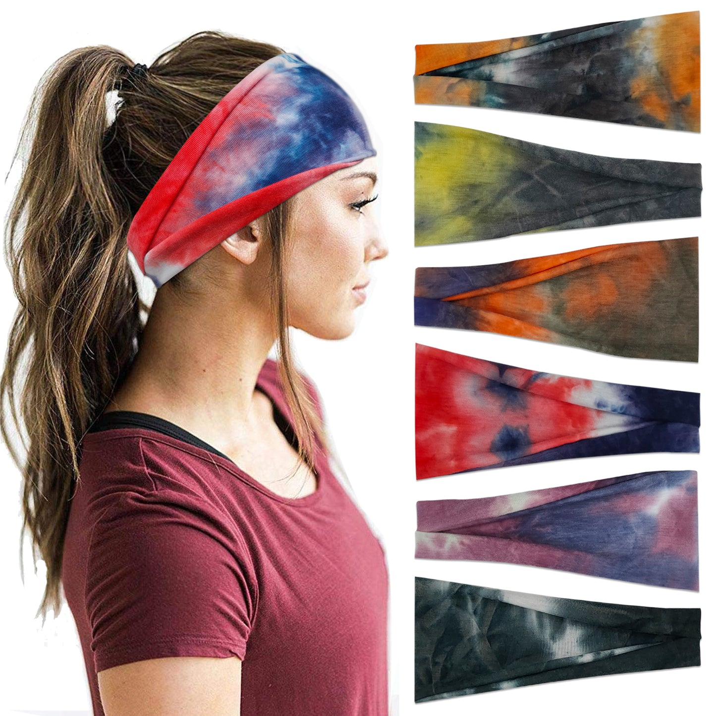 YONUF Headbands For Women Workout Wide Headband Yoga Head Bands For Women's Hair Accessories Girls Fashion Band Tie Dye 6 Pack